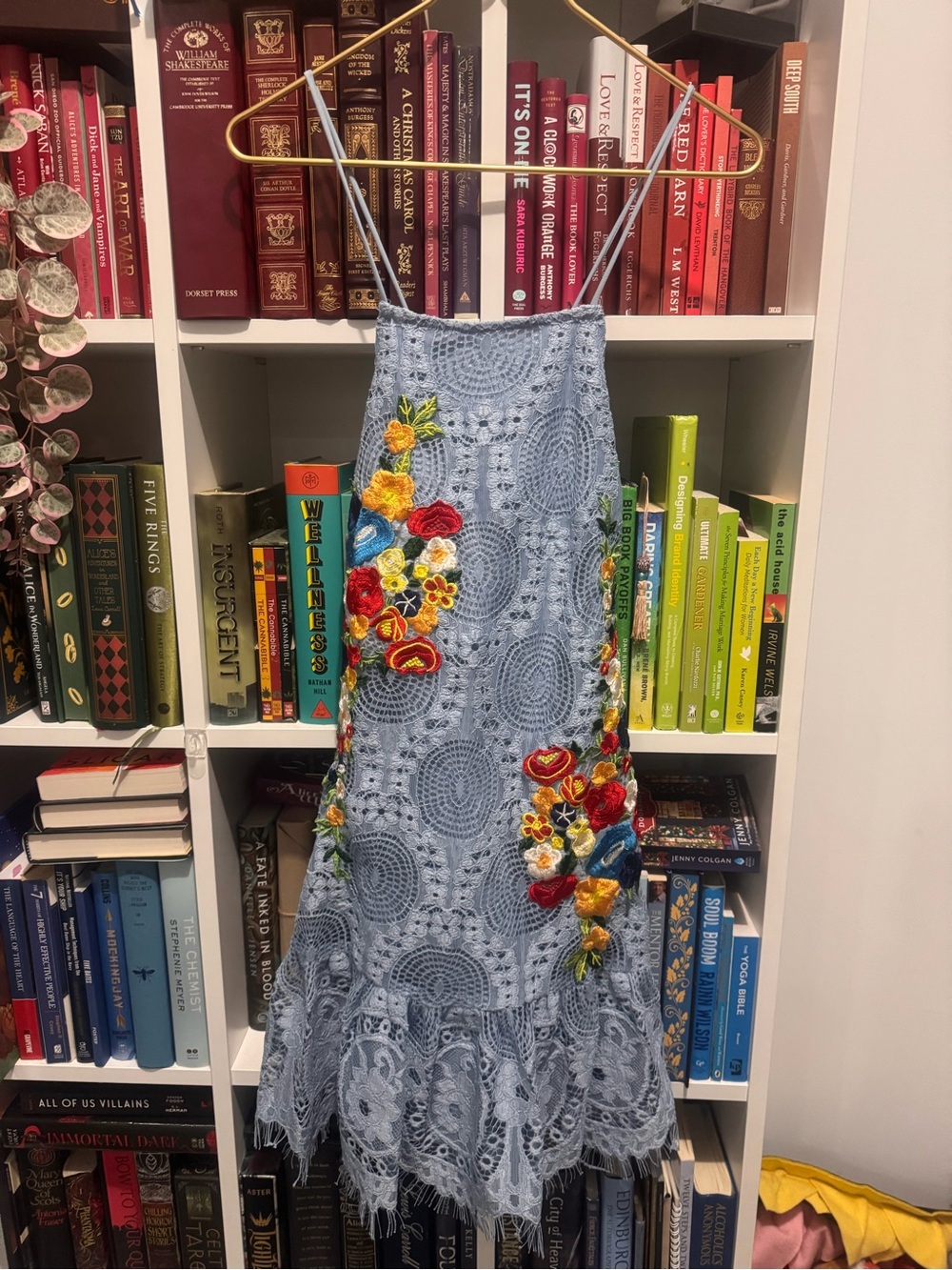 Nicole Miller Powder Blue Crochet Dress with Multicolor Floral Embroidery